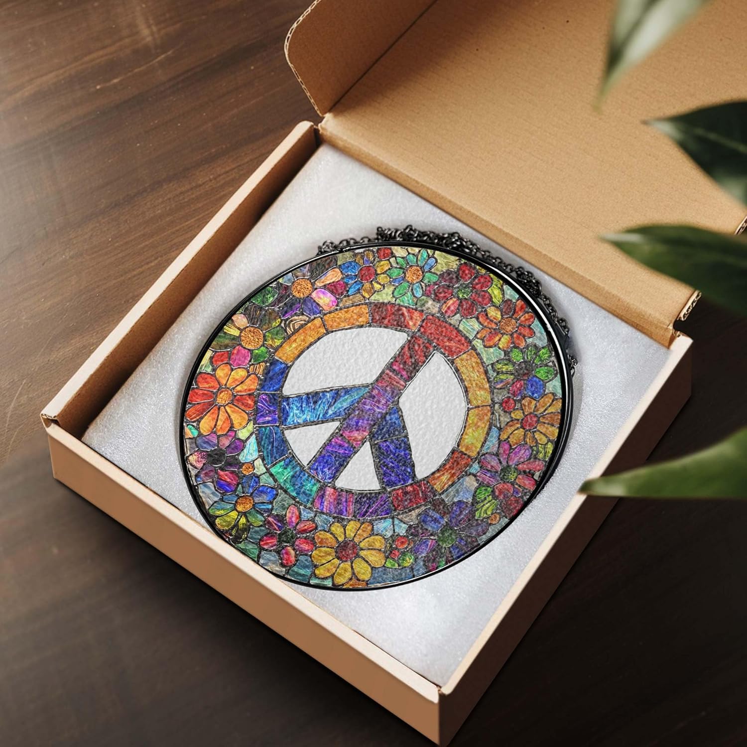 Woodstock Hippie Suncatcher, Peace Sign Hippie Stained Glass Decor, 8in- Window Suncatcher Hanging for Indoor Outdoor Home Decor