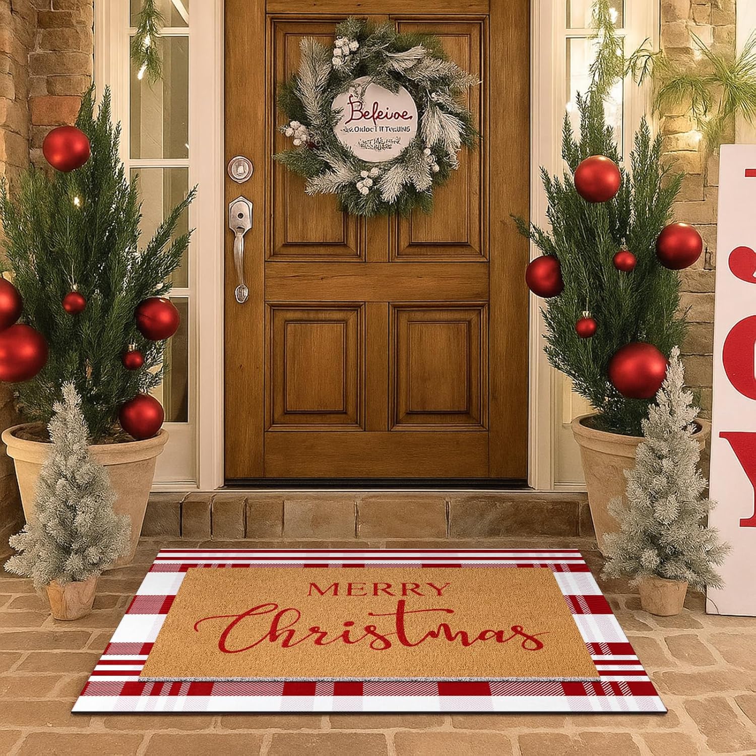 Duraaamo 2 Pcs Christmas Doormat Merry Christ Non Slip Outdoor Rug Xmas Welcome Layered Buffalo Floor Mats for Front Porch Entryway(Black White,Plaid)