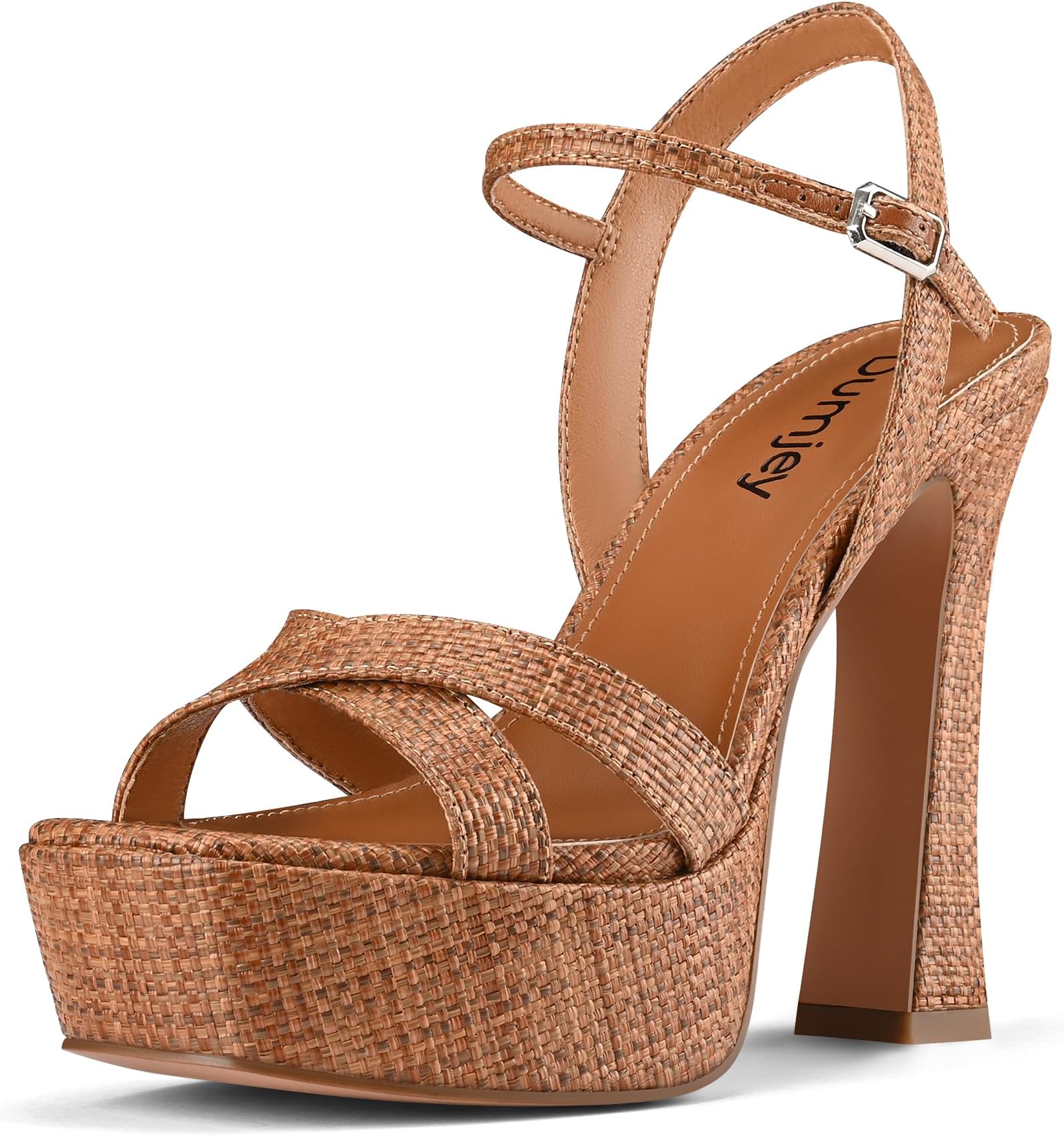 Women Platform Heel Raffia Sandals with Ankle Strap Chunky Heels Open Toe Buckle Shoes for Prom Party Dress - Raffia Brown 10 US