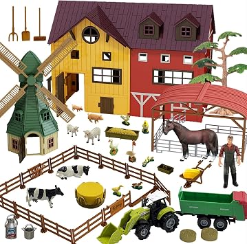 Peagprav Farm Animals Figurines Toys -140 pcs Toy Set Barn Toy Horse Stable Tractor Trailer Windmill Farmer Fence Playset for Kids Toddlers Boy Girl 3-7 Years Old