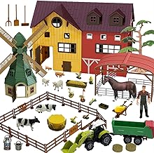 Farm Animals Figurines Toys -140 pcs Toy Set Barn Toy Horse Stable Tractor Trailer Windmill Farmer Fence Playset for Kids Toddlers Boy Girl 3-7 Years Old