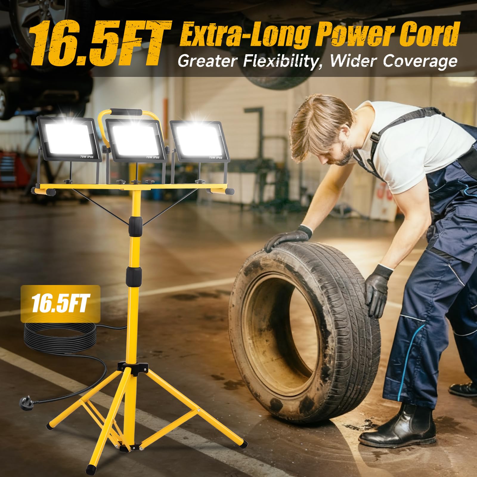 210W Foco led Trabajo con Trípode, 21000LM 6500K Lámpara de Trabajo con Cable de 5m Interruptor Individual, IP66 Lámpara Impermeable para Obras/Talleres/Garajes Altura Ajustable 200cm