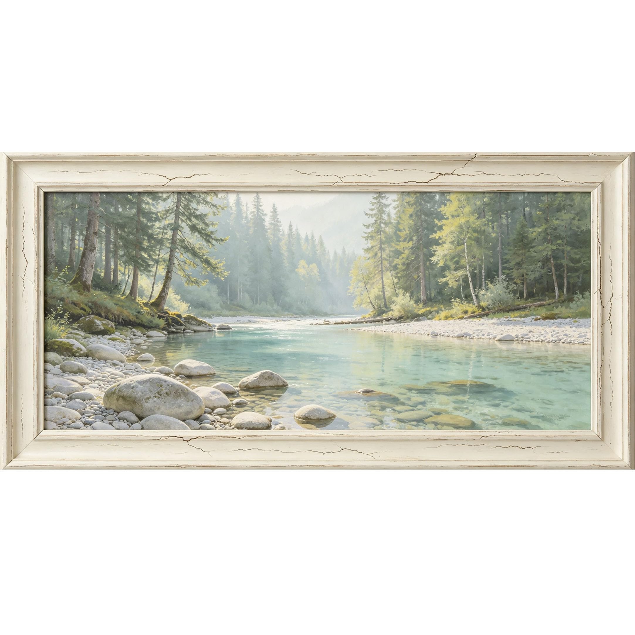 Agglomerix 3D Framed Wall Art Mountain Lake Forest Landscape Oil Painting Pine Trees River Stones Nature Large Size SelfAdhesive Removable Wall Decor Prints Artwork for Living Room Bedroom Office