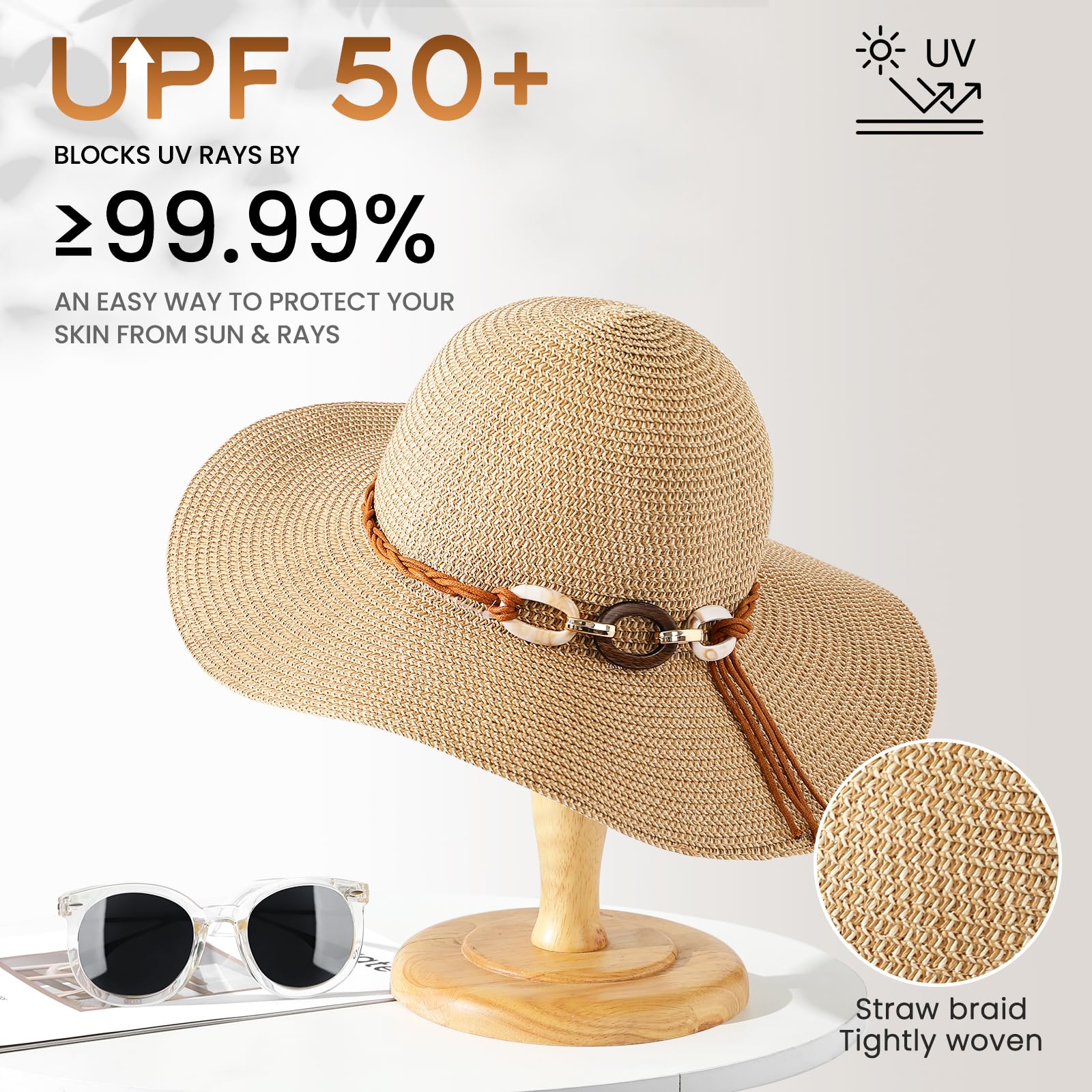 Beach Sun Hats for Women - Wide Brim Straw Womens Summer Hat with Wind Lanyard Roll Up, Foldable Beach Hat UV Protection