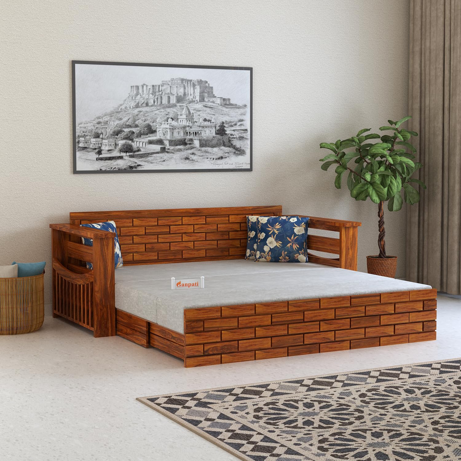Ganpati Arts Solid Sheesham Wood 3 Seater Italian Sofa Cum Bed With Storage And Side Pockets For Living Room Wooden Sofa Bed For Home - Natural Finish 1 Year Warranty, 3-Person Sofa, Brown