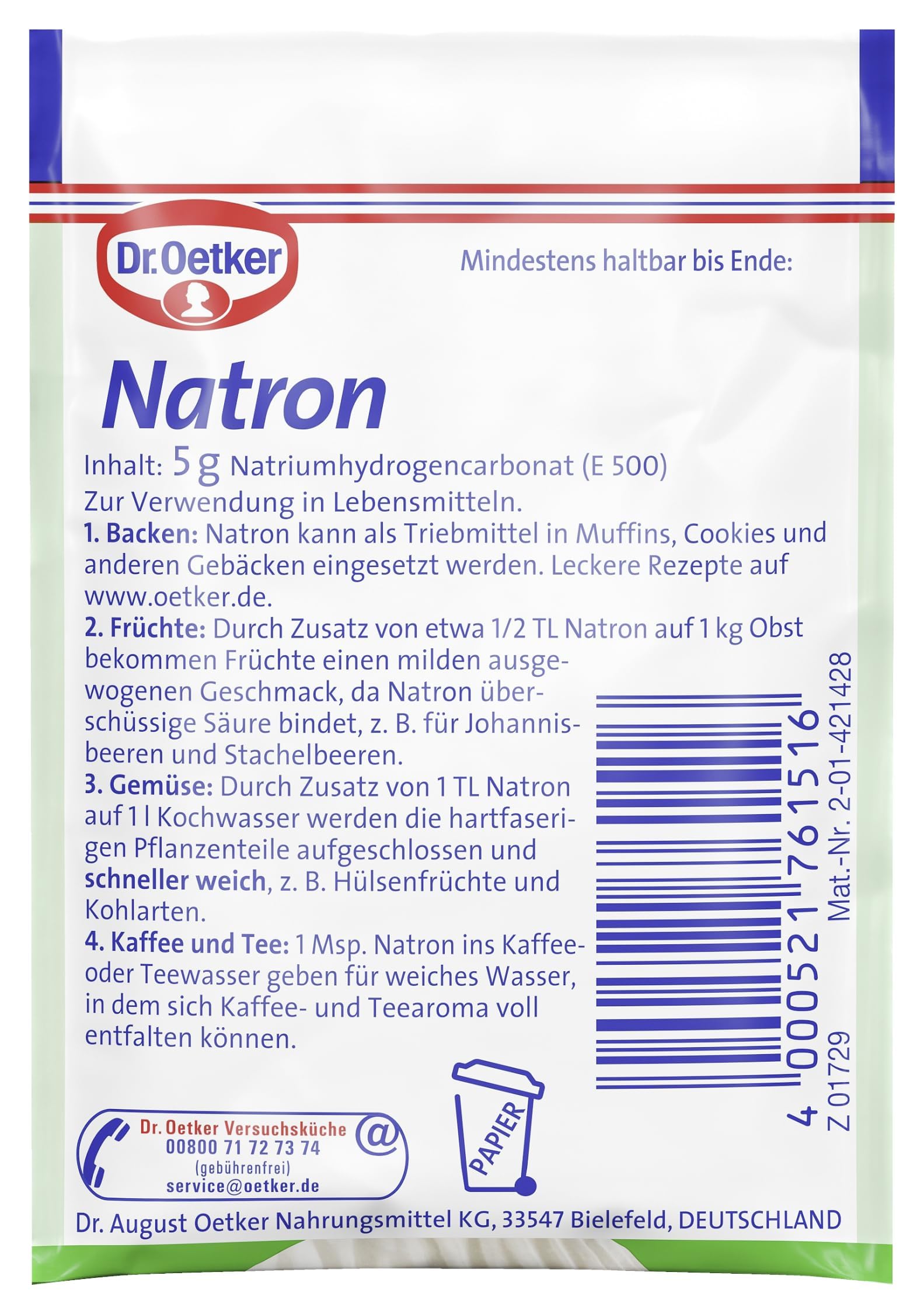 Dr. Oetker Natron 30er Pack - Natriumhydrogencarbonat zum Entsäuern, als Triebmittel in Backrezepten & zum Enthärten, vielseitig einsetzbar, vegan, 30 x 5 Päckchen á 5g