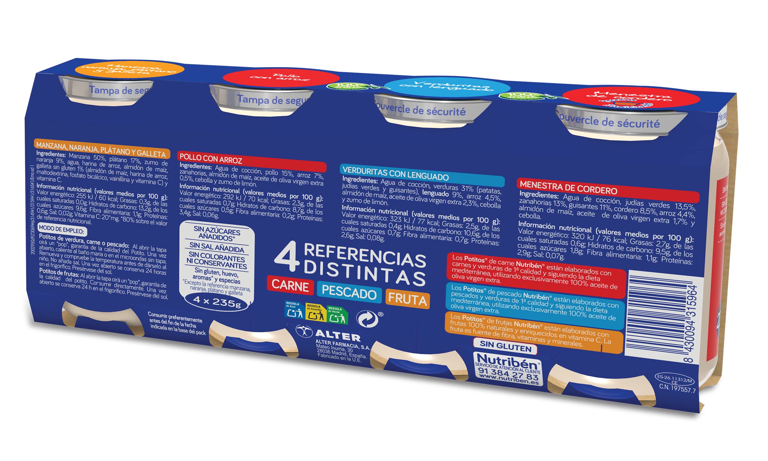 Nutribén Packs De Potitos Variados, 2 packs de 4 potitos de diferentes sabores (Carne, Pescado y Fruta)- 8x 235gr alargado