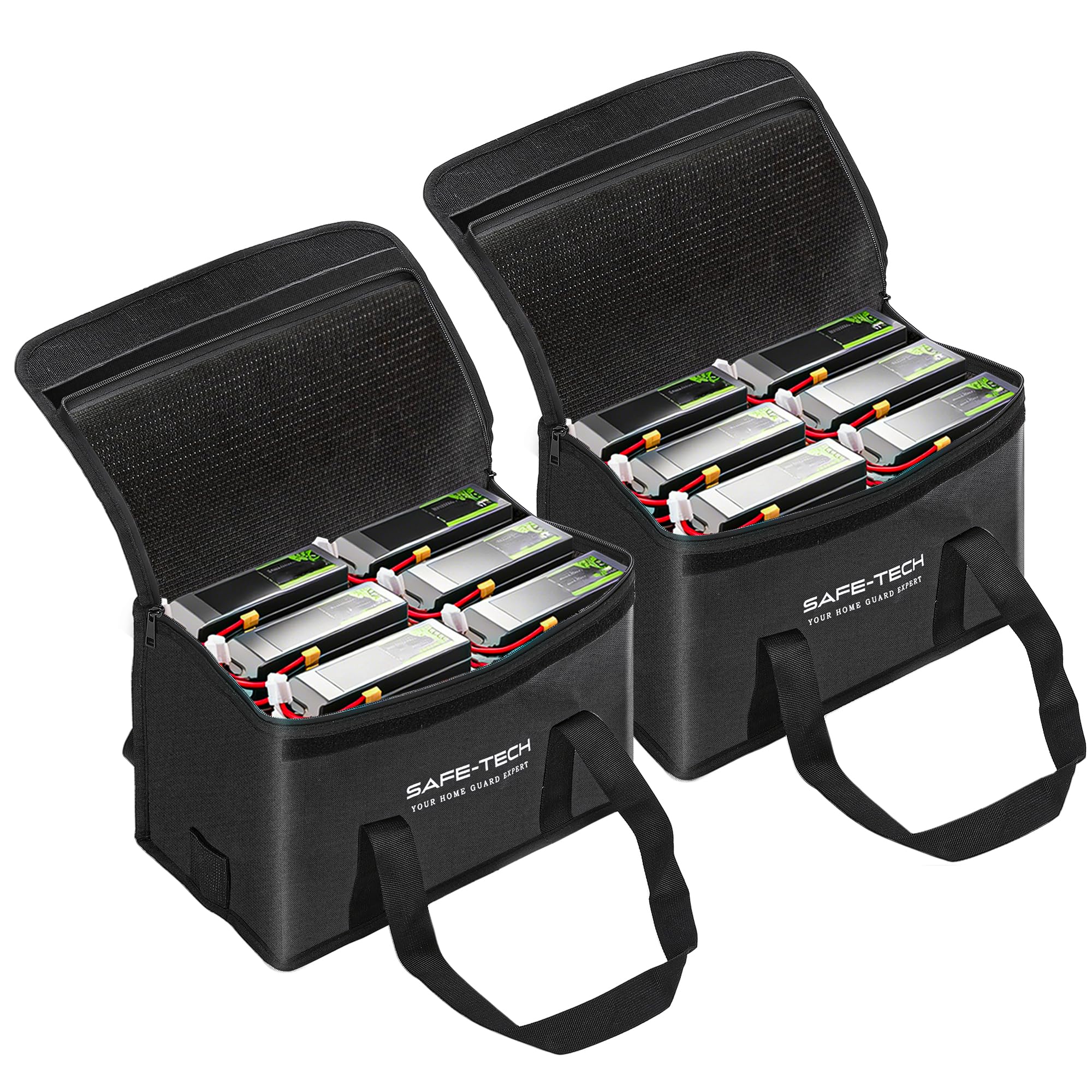 SAFE-TECH 2 Pack Upgraded Lithium Battery Safety Bags, NHS Approved, SGS 800°C Tested Fireproof Battery Storage Cases, UL94 5VA Explosion Resistant Lipo Safe Bags