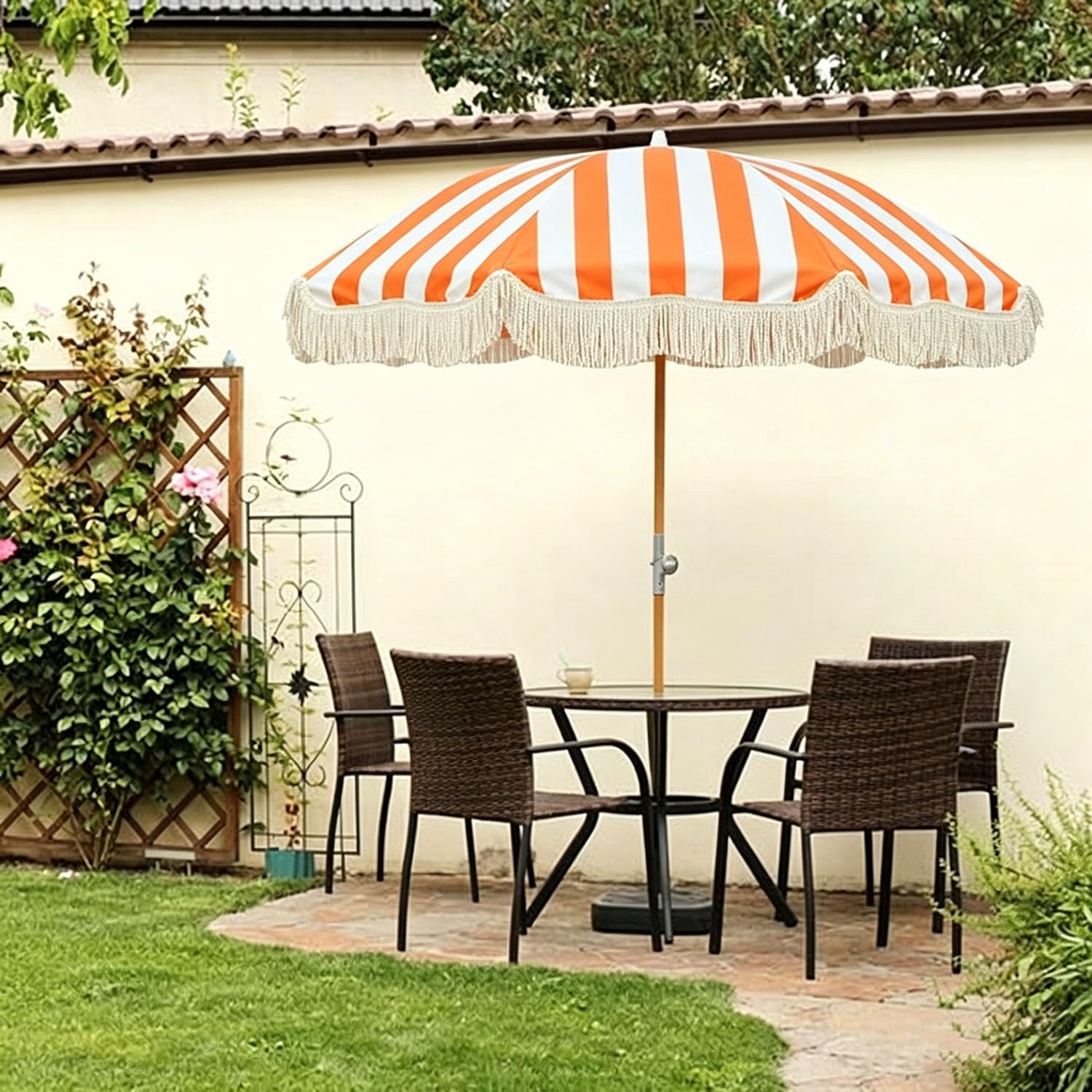 Sombrilla de Jardín con Flecos y Inclinable, 240 cm Sombrilla de Playa Boho Portátil e Impermeable para Terraza o junto a la Piscina