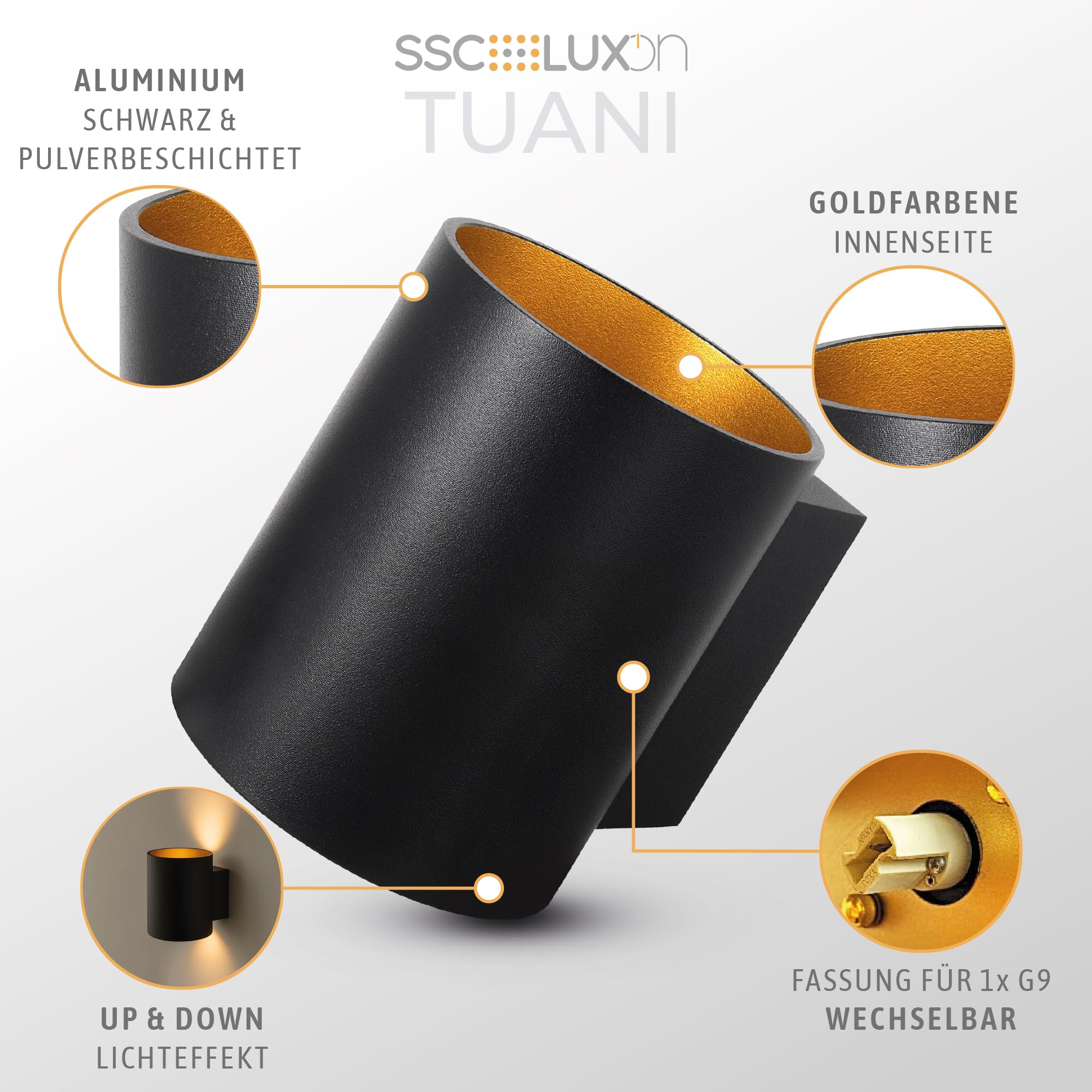 TUANI Wandleuchte Innen schwarz rund Gold Design Up Down Leuchte Fassung für 1x G9