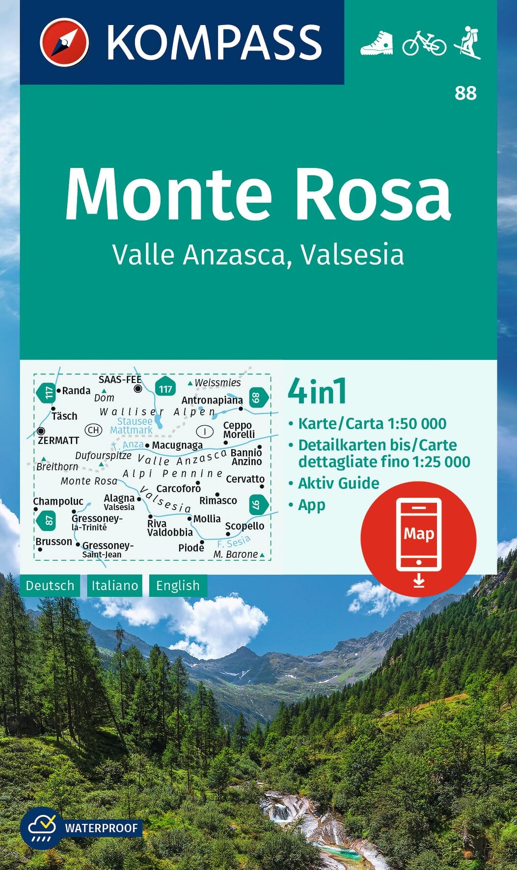 Monte Rosa, Valle Anzasca WK 88: 4in1 Wanderkarte mit Aktiv Guide und Detailkarten inklusive Karte zur offline Verwendung in der KOMPASS-App. Fahrradfahren. Skitouren.