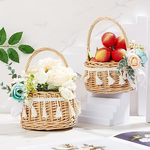Miniatura 4 de Thyle 4 cestas tejidas de ratán para boda, cesta de almacenamiento rústica floral tejida a mano con 4 flores artificiales, cesta decorativa de