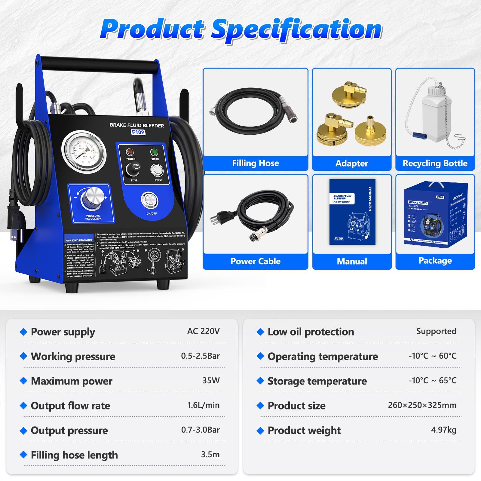 BELEY Automático Purgador Frenos Coche Apto para Toyota Renault Volkswagen | Cambio de Líquido de Frenos por una sola Persona, 0.7 – 2.5 Bar, 3 Adaptadores de Cilindro Maestro, Sin Burbujas