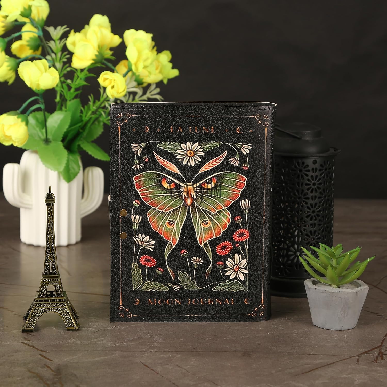 Leather Journal Notebook for Woman's & Man 7x5 Inch - Luna Moth and Morpho Butterfly – 200 White Paper Vintage Leather Notebook Diary Sketchbook Unruled Journal Brass Clasp Lock, Black