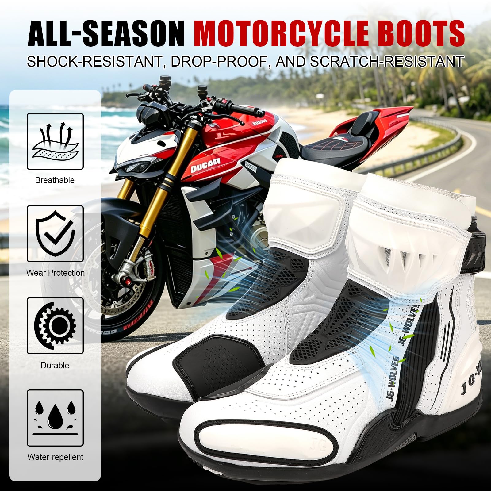 Bottes de Moto pour Hommes et Femmes, Chaussures de Moto en Cuir Aérées, Baskets de Moto, Bottes de Moto avec Maintien de La Cheville, Semelle Antidérapante