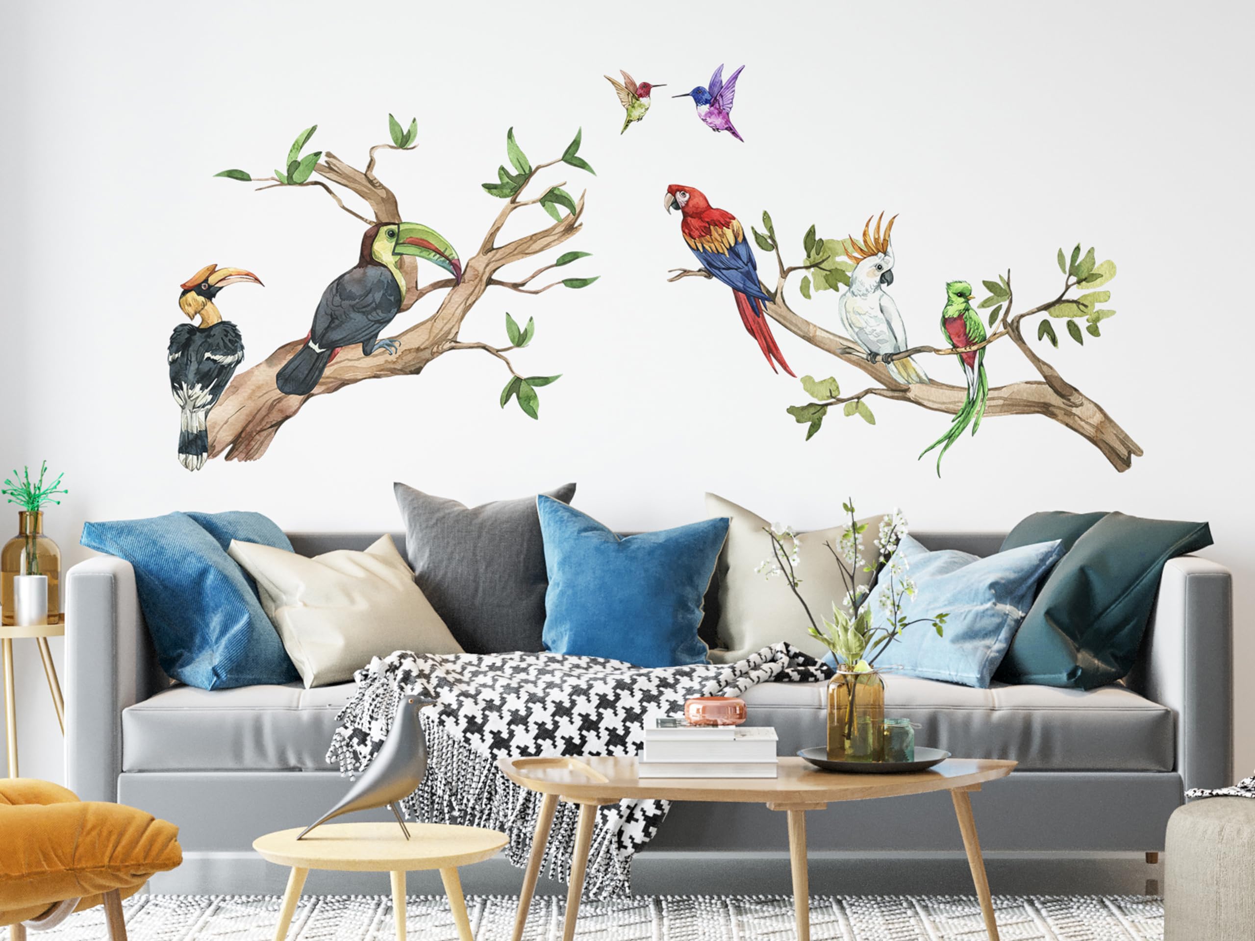 Autocollants muraux oiseaux exotiques aquarelle format géant pour décoration de chambre enfant