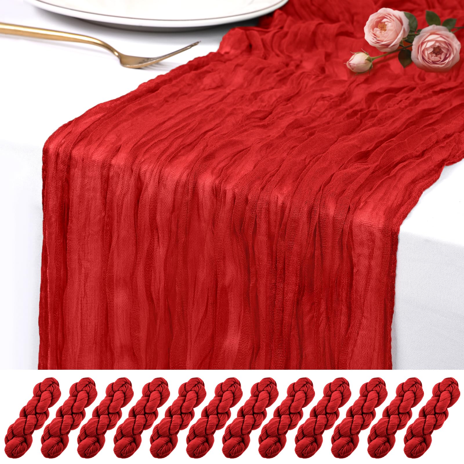 Photo 1 of 10 Pack Red Cheesecloth Table Runner 17x108 Inch Semi Sheer Boho Rustic Gauze Cheese Cloth Table Runners for Wedding Party Birthday Baby Shower Home Décor