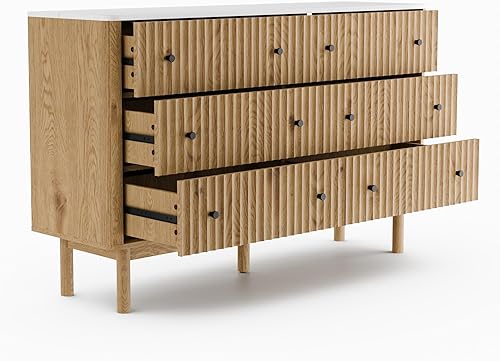 Miniatura 7 de Cómoda acanalada con 6 cajones para dormitorio, cómoda moderna de 54 pulgadas de ancho con parte superior de mármol sintético, diseño de perfil