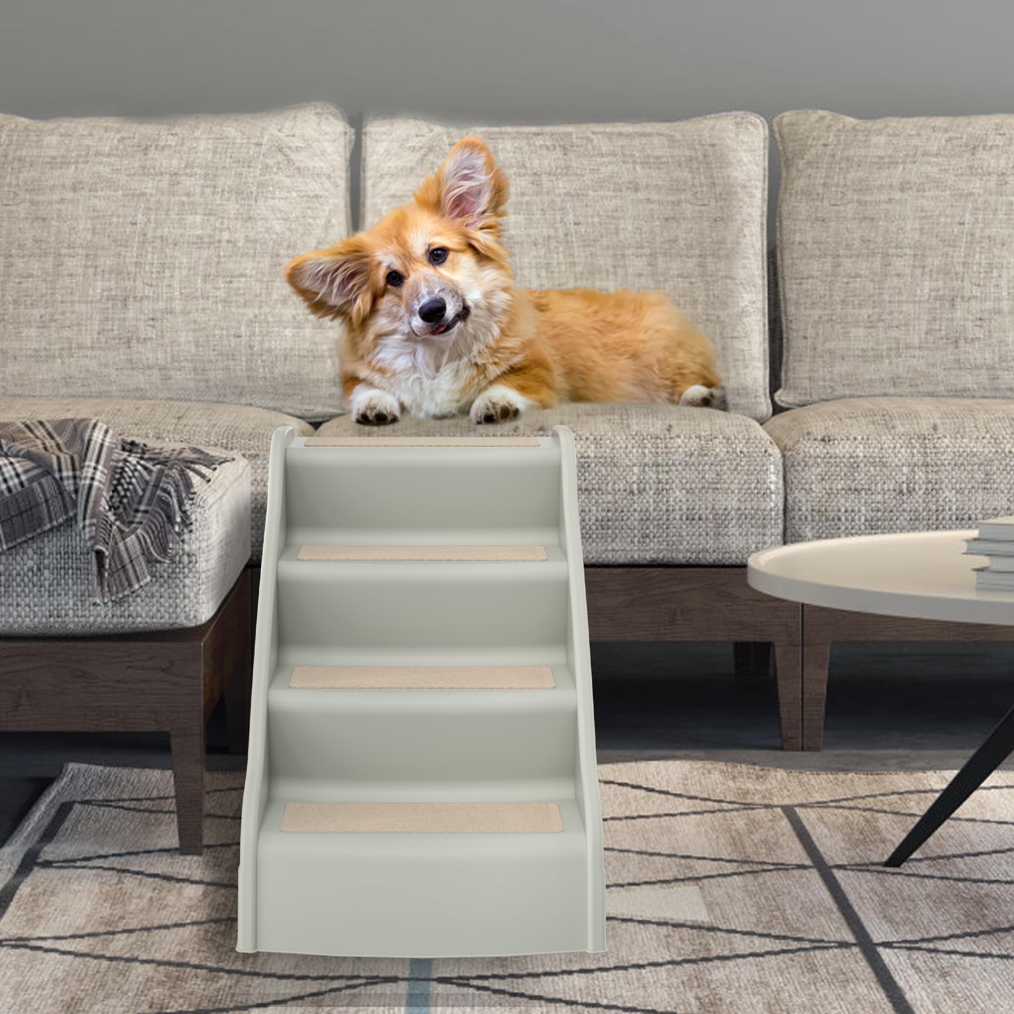 YRHome Hundetreppe Klappbar Tiertreppe Haustiertreppe 4 Stufen 50cm Hoch Katzentreppe mit Rutschfesten Matte und Stützstange Hunderampe für Hunde Katze bis zu 75 kg Grau