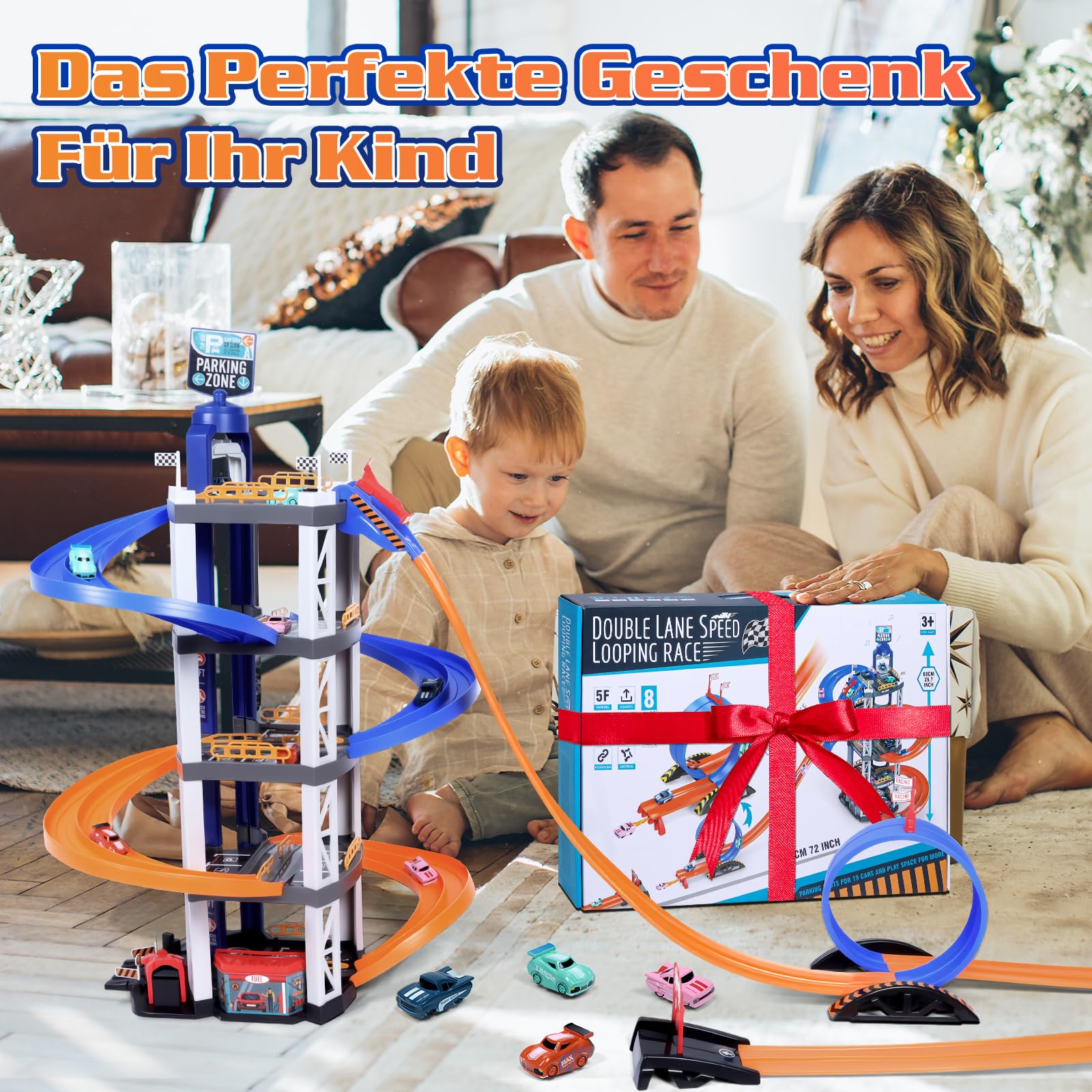 Charmofun 5-Stöckiges Parkhaus Für Kinder, Auto Parkgarage Kinder Mit 8 Rennautos, Spiral, Extralange Rutschen, Aufzug, Licht Und Ton, Groß Spielzeug Parkhaus ab 3 Jahre I MaßE: 58 X 37,5 X 10 cm