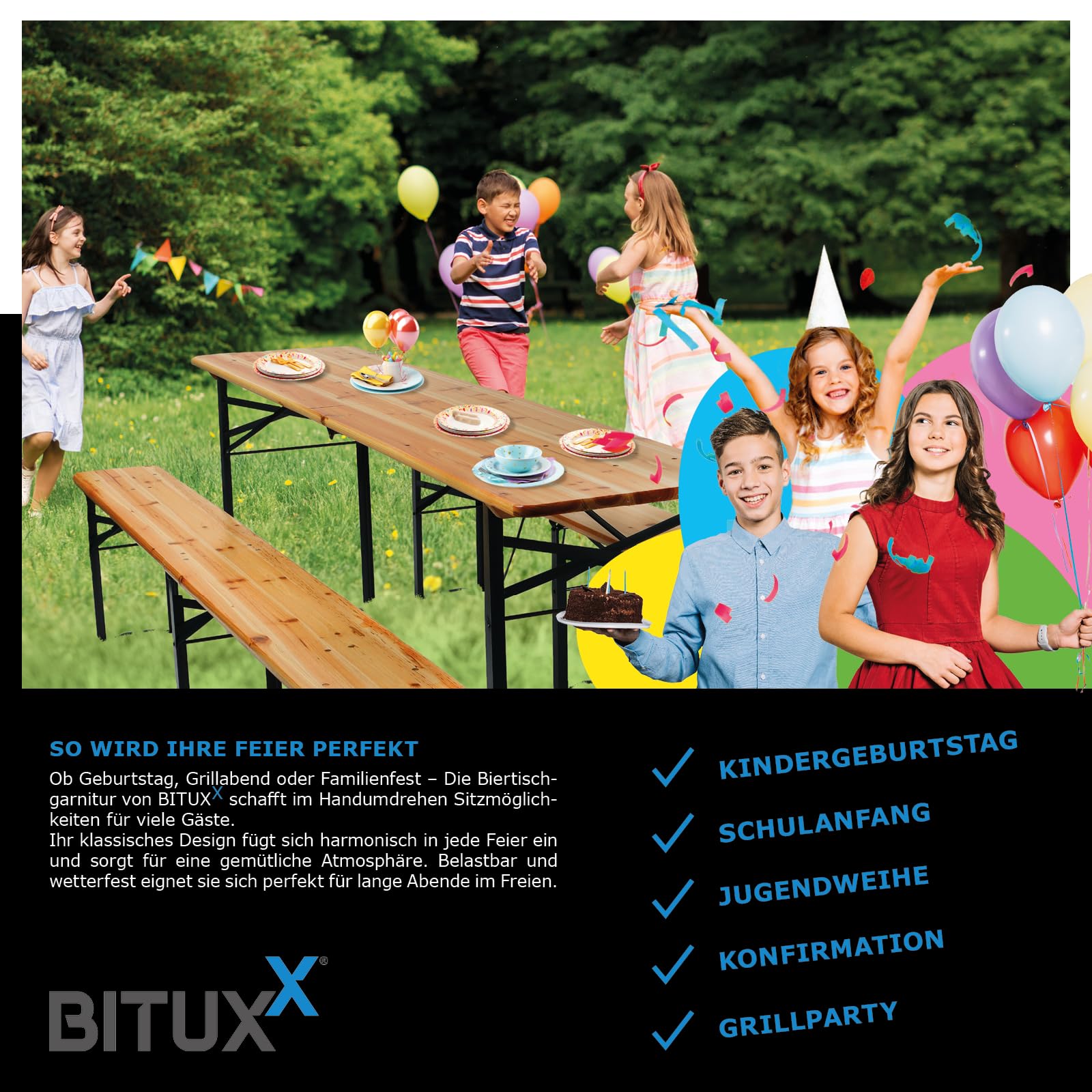 BITUXX Faltbare Bierzeltgarnitur Biertischgarnitur Bierbankgarnitur Festzeltgarnitur Biergartengarnitur Bierbank Biertisch Klappbar 1x Tisch 2X Bänke 216cm