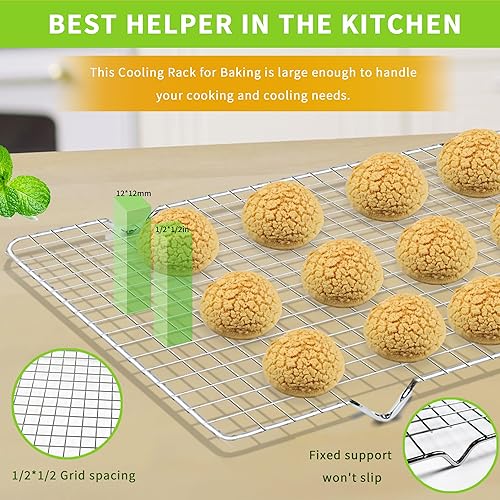 Miniatura 4 de UOUYOO Rejilla de enfriamiento para hornear, juego de 2 unidades de acero inoxidable, 16 x 10 pulgadas, para horno, rejilla segura para horno, asar,