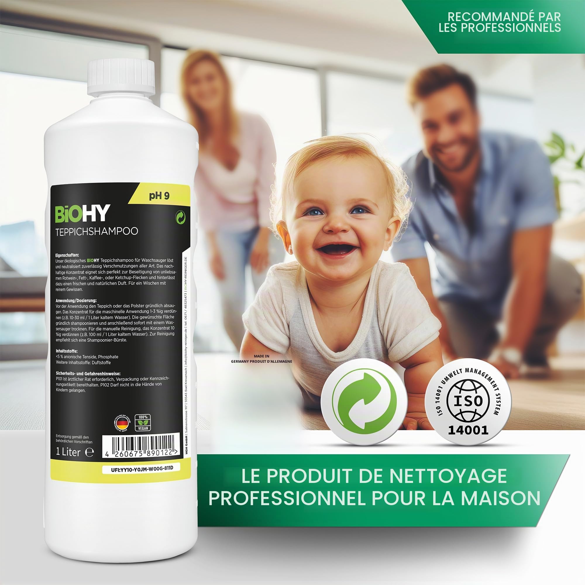 BiOHY Shampoing pour Tapis (Bouteille de 1l) | Concentré de nettoyant pour tapis | idéal pour enlever les taches tenaces | bien toléré par les animaux (Teppichshampoo)