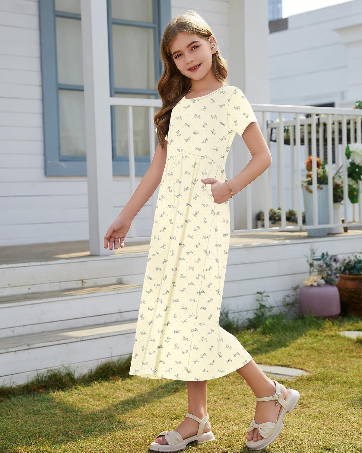 Girls Crewneck Short Sleeve Long Maxi Dress with Pockets 2026 image 3