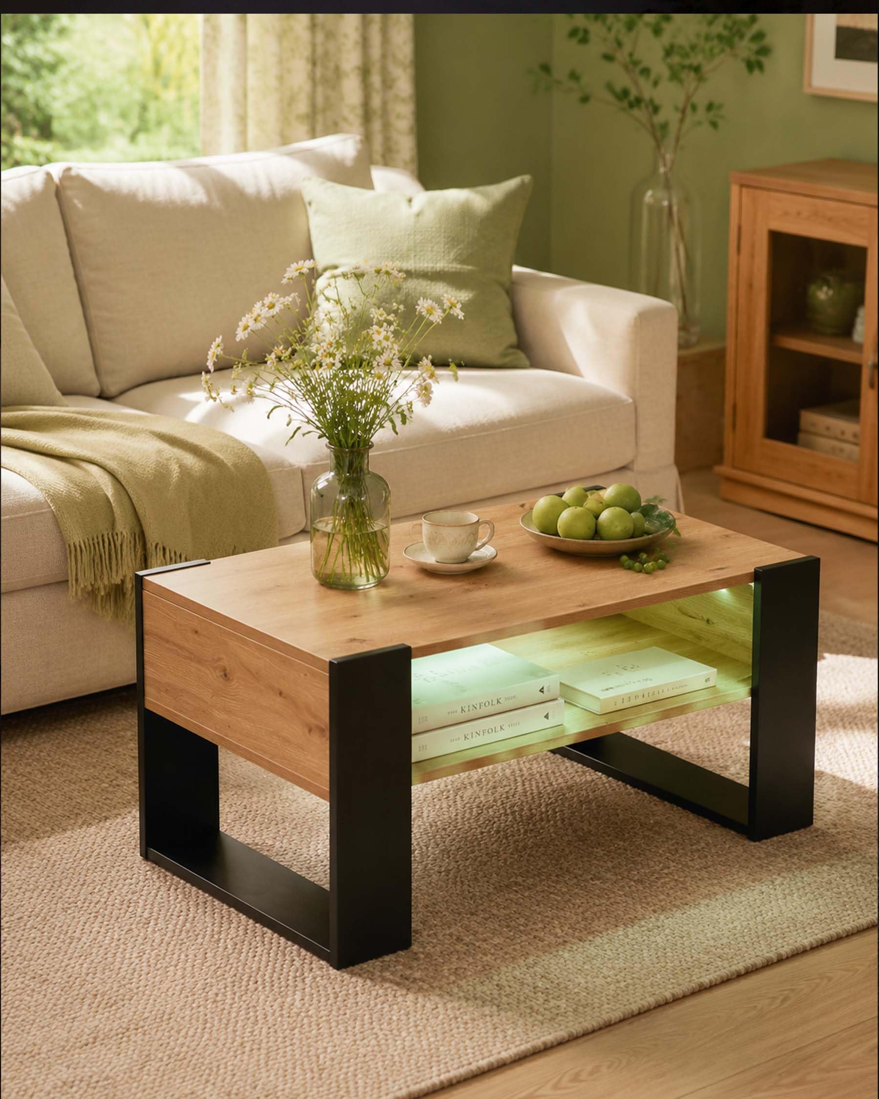 Mesa de Centro Moderna Roble y Negro con Doble Estante, Mesa de Café Estable y Maciza Tipo Loft, Mesa de Sofá Grande en Madera Laminada, 92x50x45cm