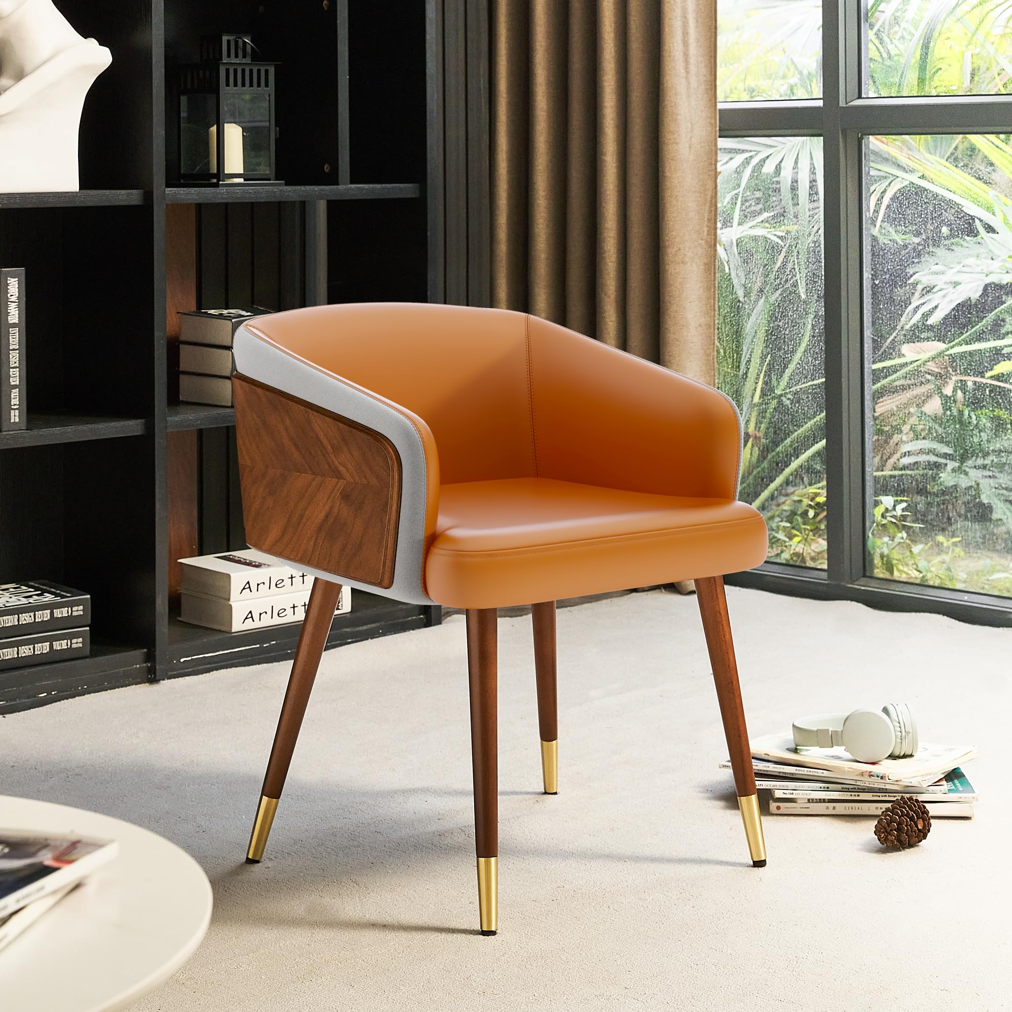 ARTPLAN Modern Upholsted Accent Dining Chairs,Mid-Century Faux Leather with Walnut for Kitchen,Office Waiting Room Arm Sitting Chair, Beech Legs