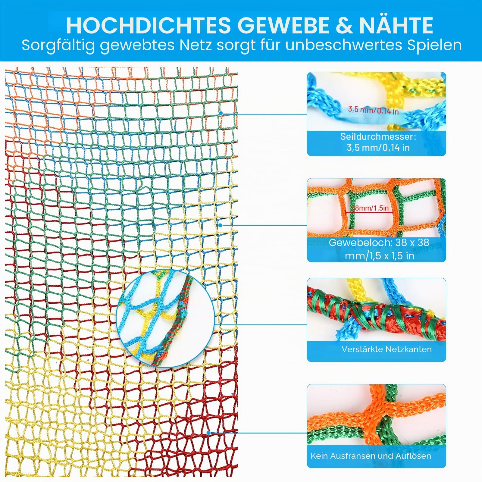 Kletternetz Spielplatz, Doppeltschichten ​Kinder Sicherheitsnetz Klettergerüst Netz Kinder Garten, 3x3M Absturzsicherungsnetz für Spielplatznetz Regenbogenfarben (3 x 3m)
