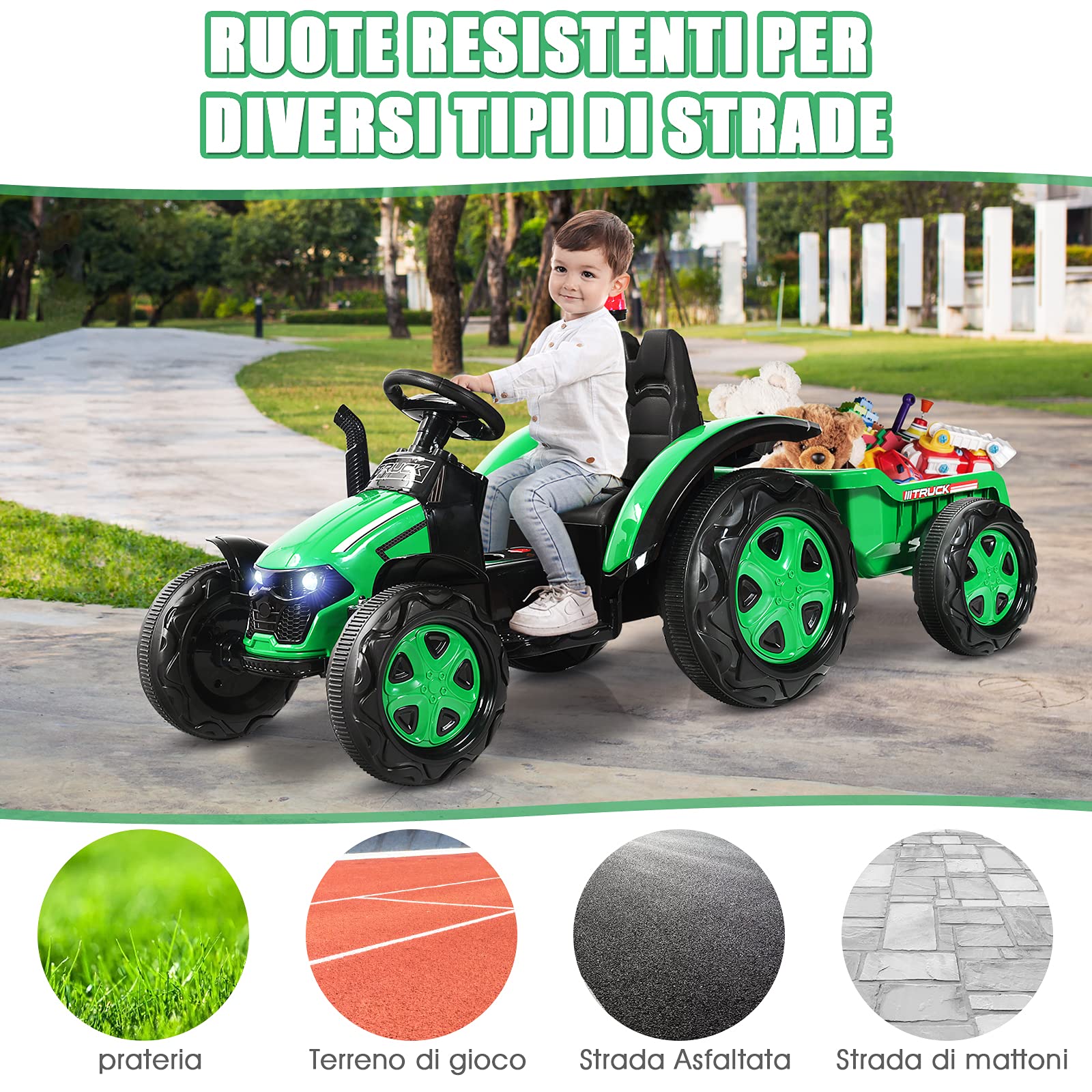 COSTWAY Trattore Elettrico per Bambini con Rimorchio, 2 in 1 Go Kart e Trattore per Bambini 3-8 Anni, con Telecomando e Cintura di Sicurezza a 2 Punti (Verde)