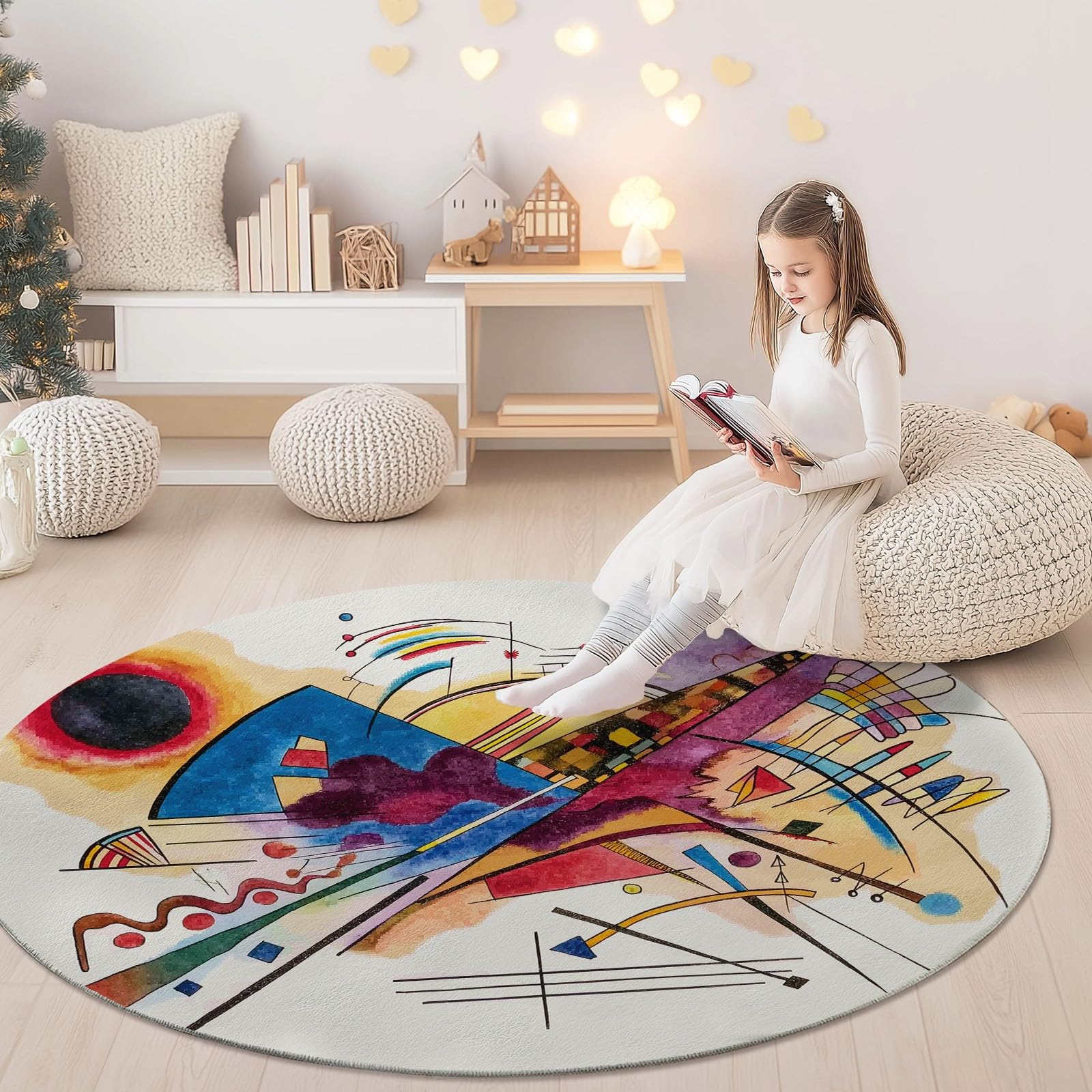 Tappeto Rotondo 210 cm, Morbido, Lavabile, colorato, con Stampa di Simboli Astratti e frecce, Antiscivolo, Leggero, Ideale per Soggiorno, Sala da Pranzo, Cucina, Camera da Letto e