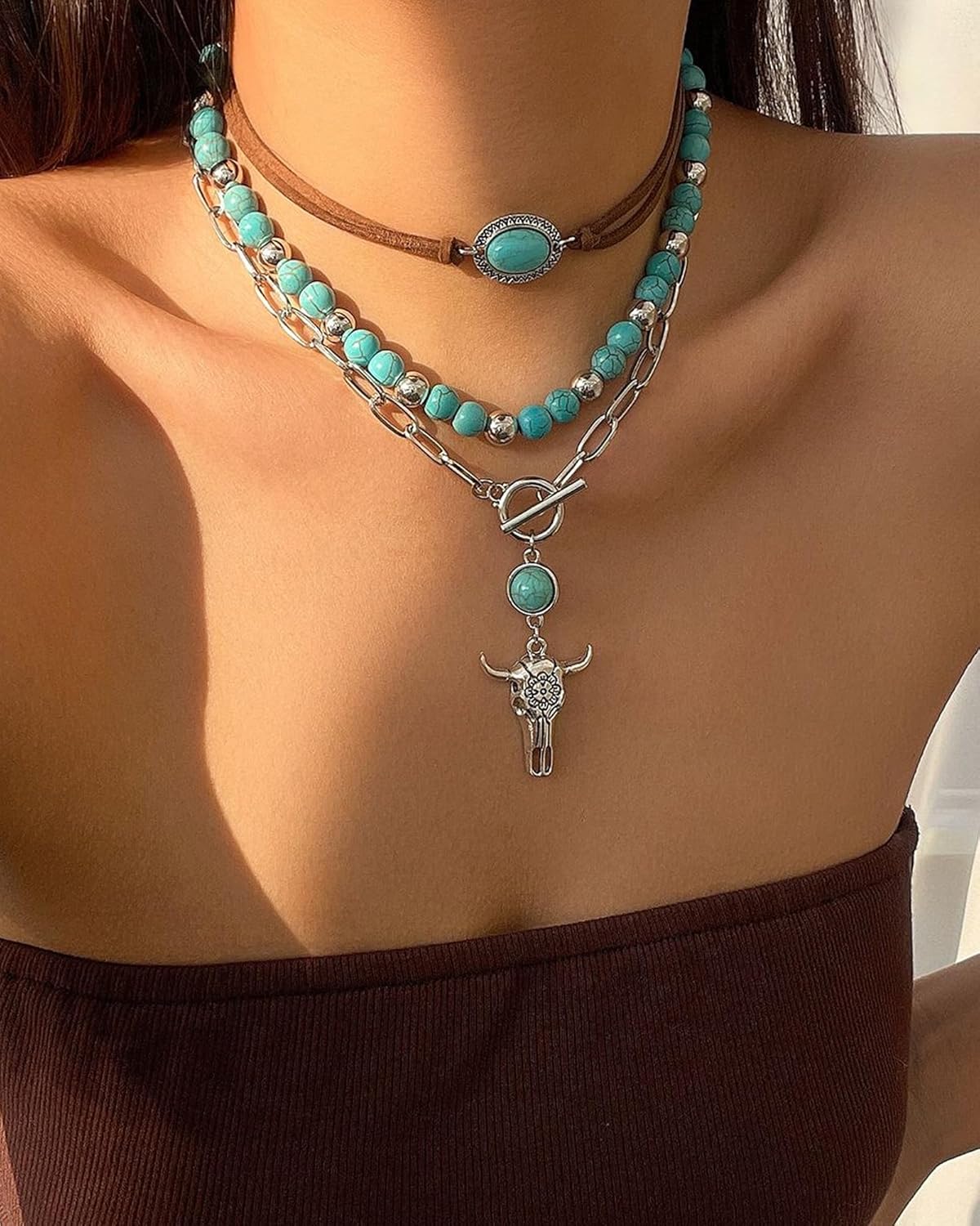 Layered Western Necklaces for Women Western Boho Country Necklaces Trendy Gold Layered Neck-laces Turquoise Beaded Choker Country Concert Jewelry Cowgirl Outfits Accessories - Image 3