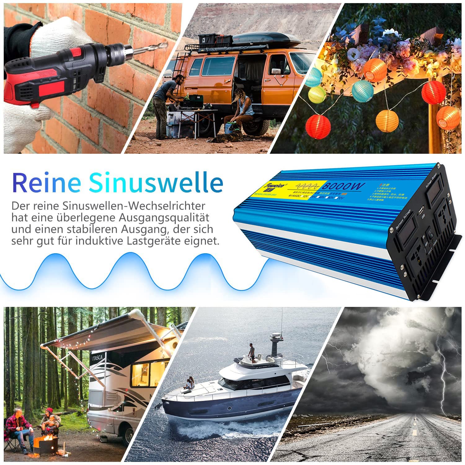 Przetwornica mocy czystej fali sinusoidalnej 2000W/3000W/4000W/5000W/6000W/8000W DC 12V/24V/48V/60V/72V na AC 110V/230V konwerter z pilotem, gniazdami AC i wyświetlaczem LCD,5000W-24V