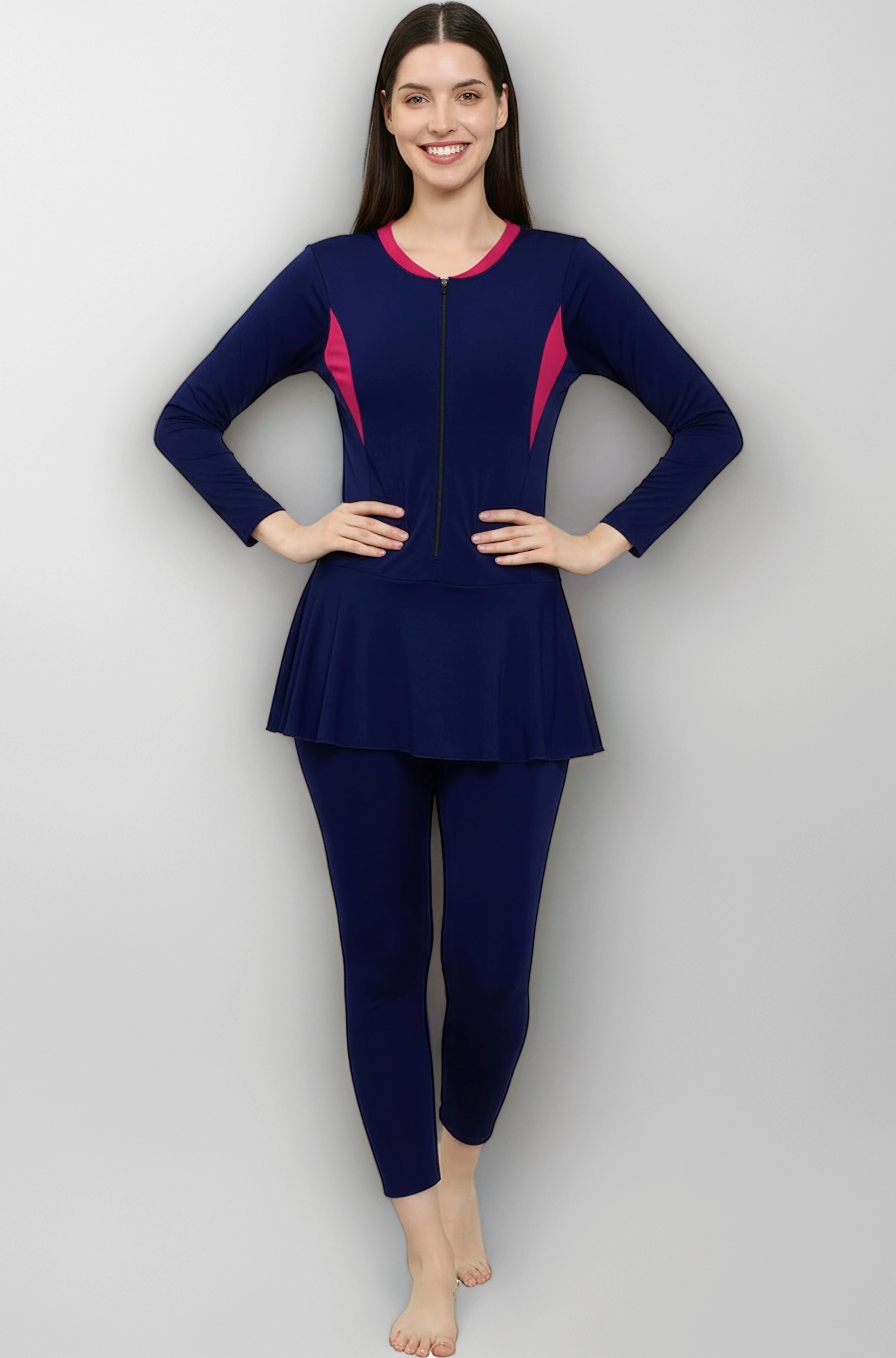 Women Color Block Full Coverage One Piece Swimsuit with Removable Chest Pads Front Zipper Frock Style Design Swimming Costume