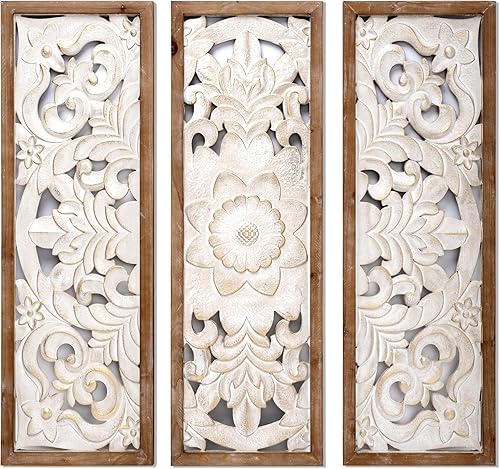 Decoración de pared de madera tallada floral Arte de pared de madera blanca lavado dorado, paneles de pared decorativos hechos a mano para sala de