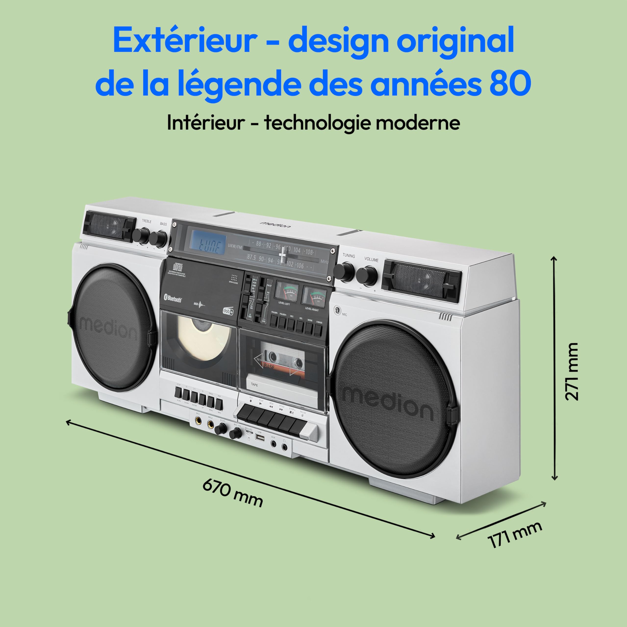 MEDION P66538 Enregistreur à cassettes Ghettoblaster rétro lecteur CD USB SD radio DAB+ Bluetooth platine cassette