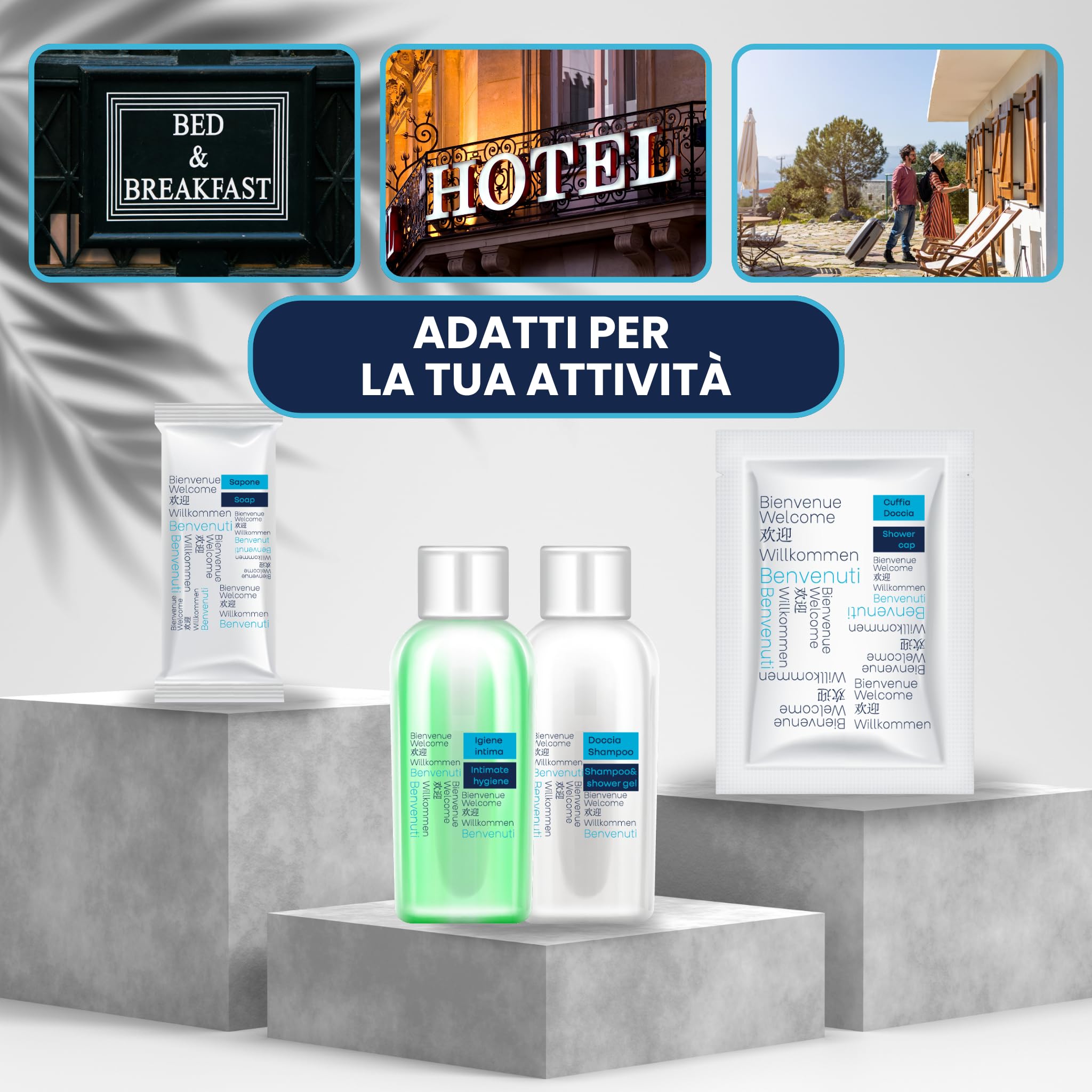B&B Hotel Einweg-Bad-Set 350 Stück 100 x Dusch-Shampoo Flasche 30 ml 100 x Hygiene Intimpflege Flasche 20 ml 100 x rechteckige Seife 50 x Duschkopfhörer + gratis Bänder