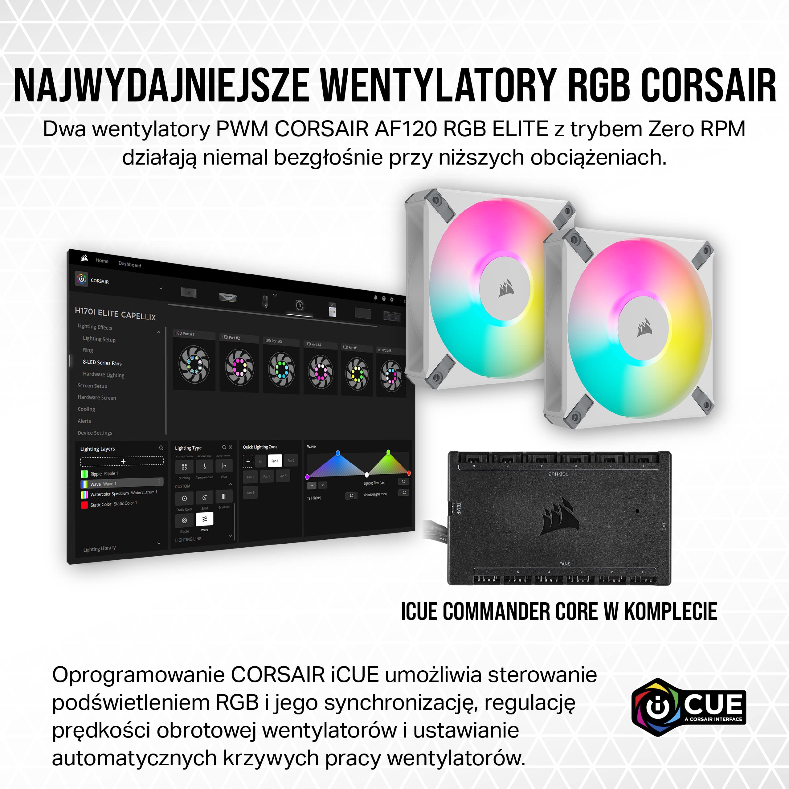 Corsair iCUE H100i ELITE CAPELLIX XT Układ Chłodzenia Procesora Cieczą - Dwa Wentylatory AF120 RGB ELITE - 240mm Radiator - Intel® LGA 1700, 1200, 115X, 2066, AMD® AM5, AM4 - Bialy