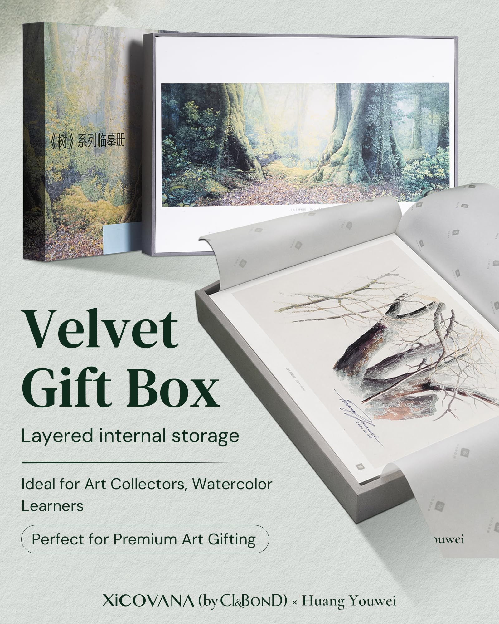 XiCOVANA Huang Youwei Tree Series - Set di fotocopie ad acquerello, riproduzione autorizzata dall'artista, 20 fogli di carta artistica di alta qualità, confezione regalo in velluto per tracciare