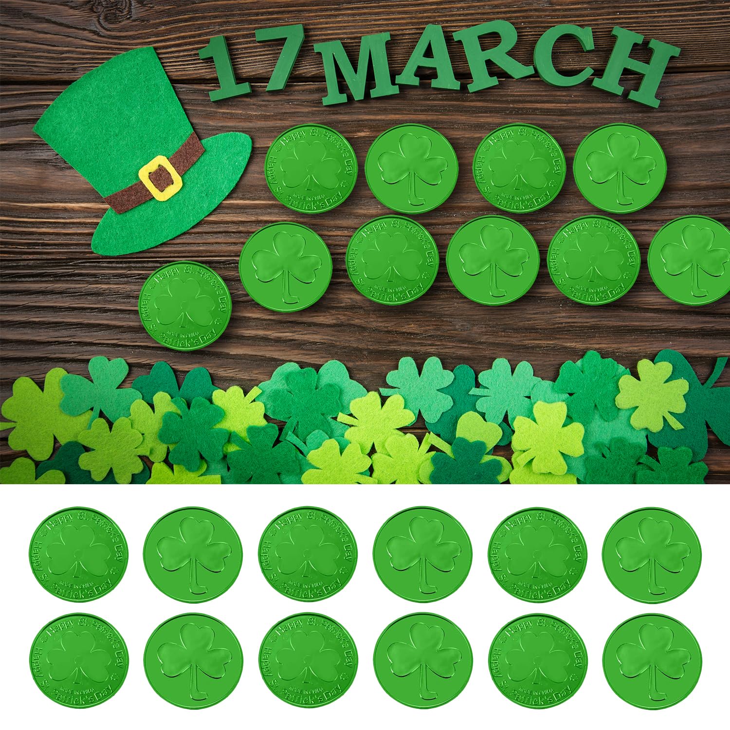 Lezevn 48pcs St. Patrick's Day Coins Green Plastic Shamrock Tokens Lucky Leprechaun Coins for Irish Party Supplies St. Patrick's Day Decor - Image 3