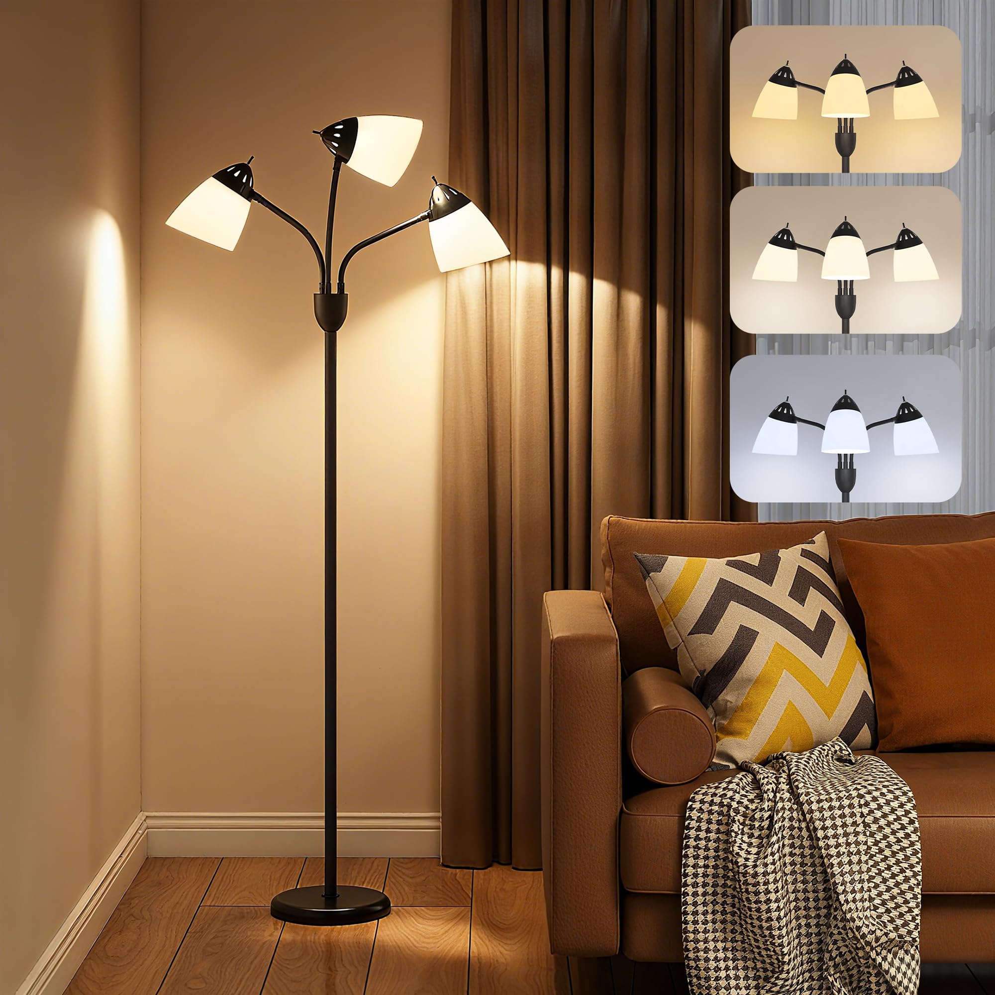 HOMCOM 3 Way Black Arc Tree Floor Lamp - 3 Color Temperatures - Steel - Modern Design