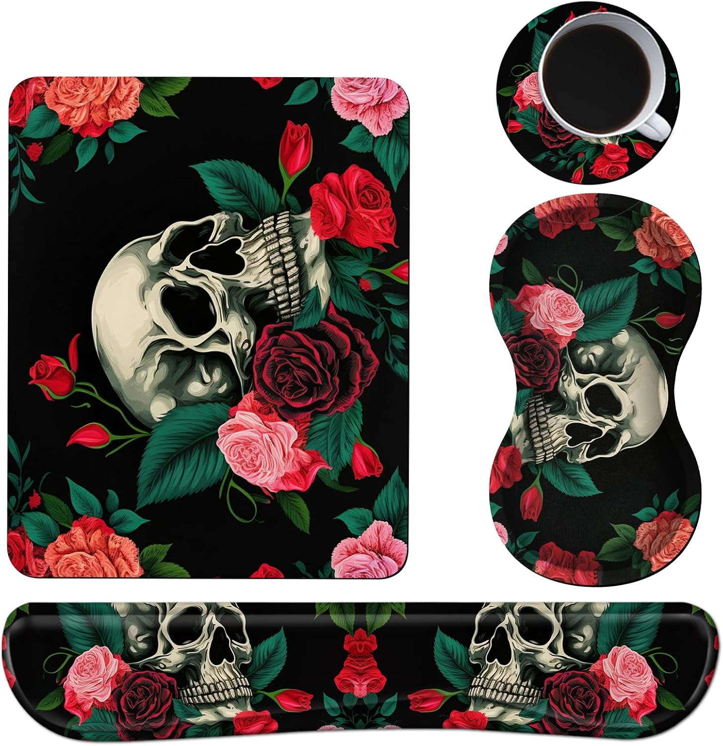 Keyboard Wrist Rest + Mouse Pad + Mouse Wrist Rest Support Set + Coaster, Ergonomic Memory Foam Mouse and Keyboard Pad Set for Laptop Computer Office Home Working Gaming, Rose Flower Skull