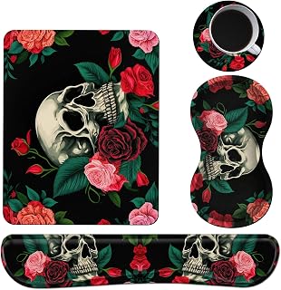 Keyboard Wrist Rest + Mouse Pad + Mouse Wrist Rest Support Set + Coaster, Ergonomic Memory Foam Mouse and Keyboard Pad Set for Laptop Computer Office Home Working Gaming, Rose Flower Skull
