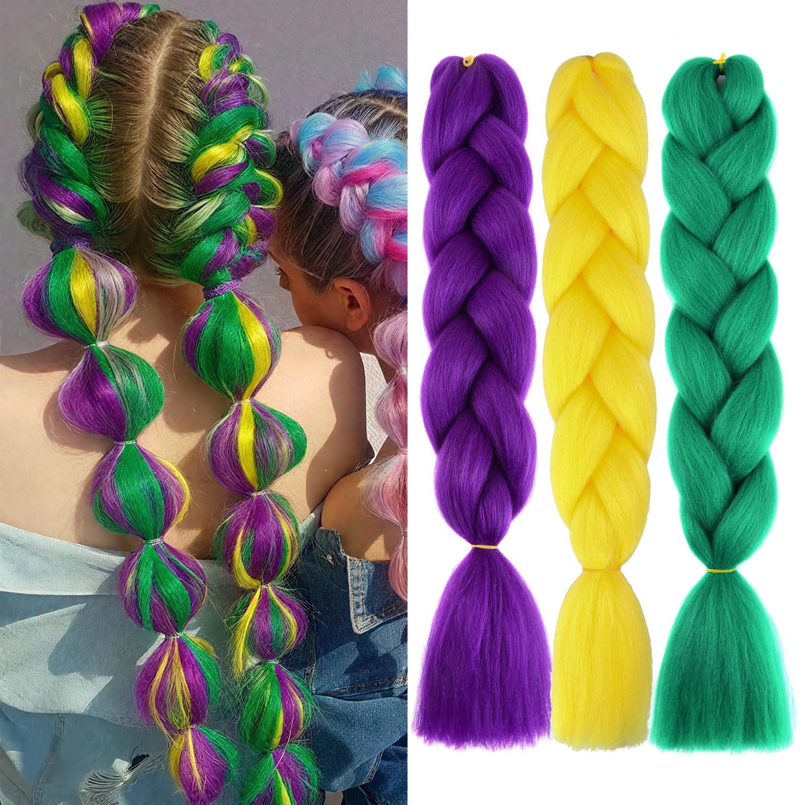 3 Pack Colored Braiding Hair 24 Inch Colorful Braiding Hair for Braids Synthetic Colored Hair Extensions for Braiding Purple/Green/Yellow