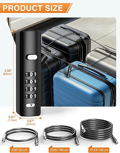 Miniatura 3 de Candado de cable combinado de 4 dígitos con 3 cables de acero (9"24"47")  reinicio seguro solo con el código actual  para bicicleta, equipaje,