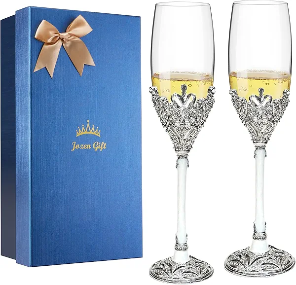Jozen Gift Silver Champagne Flutes -Wedding Toasting Glasses for His and Hers,Engagement Celebrations, Bridal Shower and Registry Idea, Gifts for Bride and Groom Gifts,7oz (Classic, Silver)