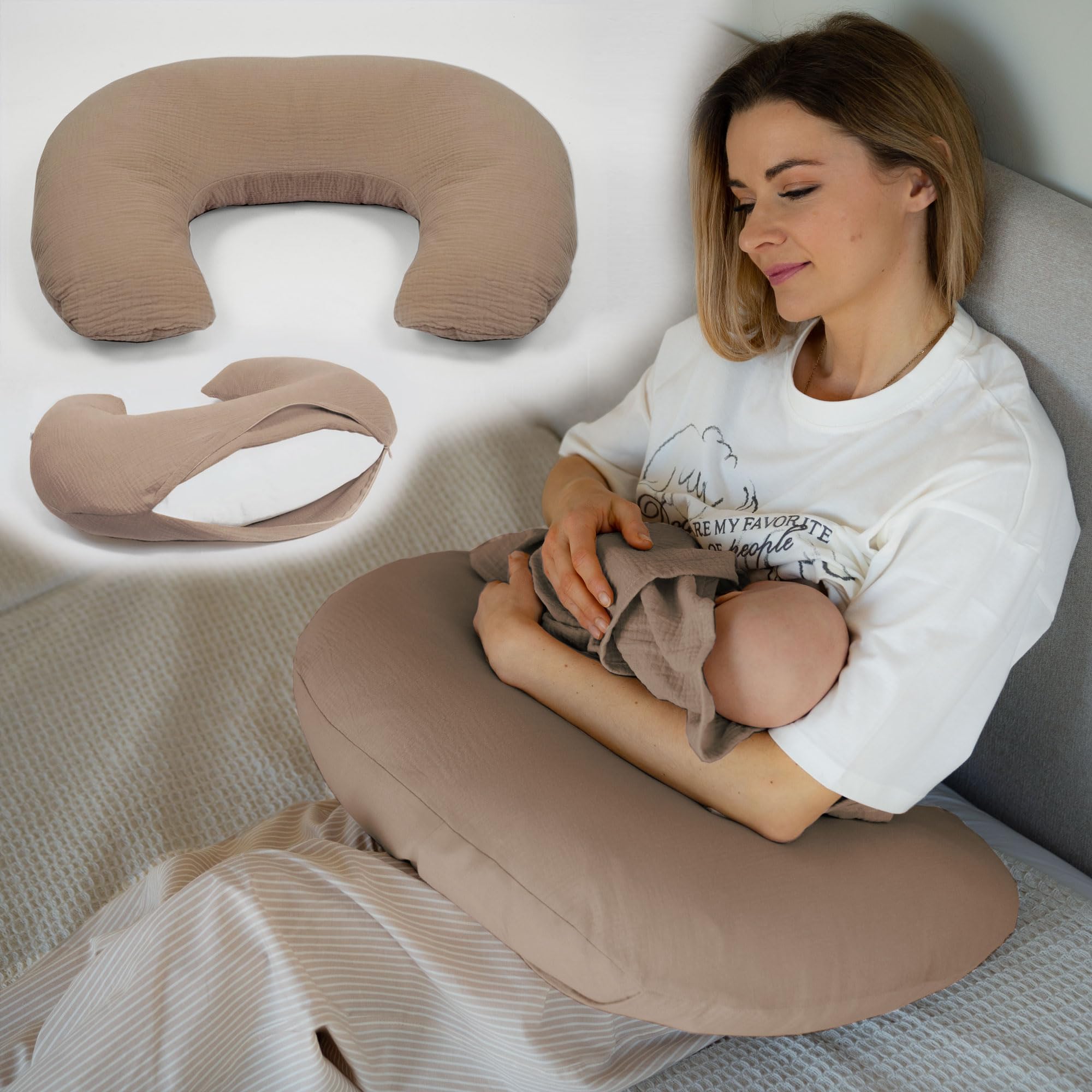 PaLulli® Musselin Stillkissen Stillkissenbezug aus 100% Musselin Baumwolle - Stillkissen für Baby, Stillhörnchen Baby, Stillkissen Atmungsaktiv & Waschbar, Stillkissen (Braun)