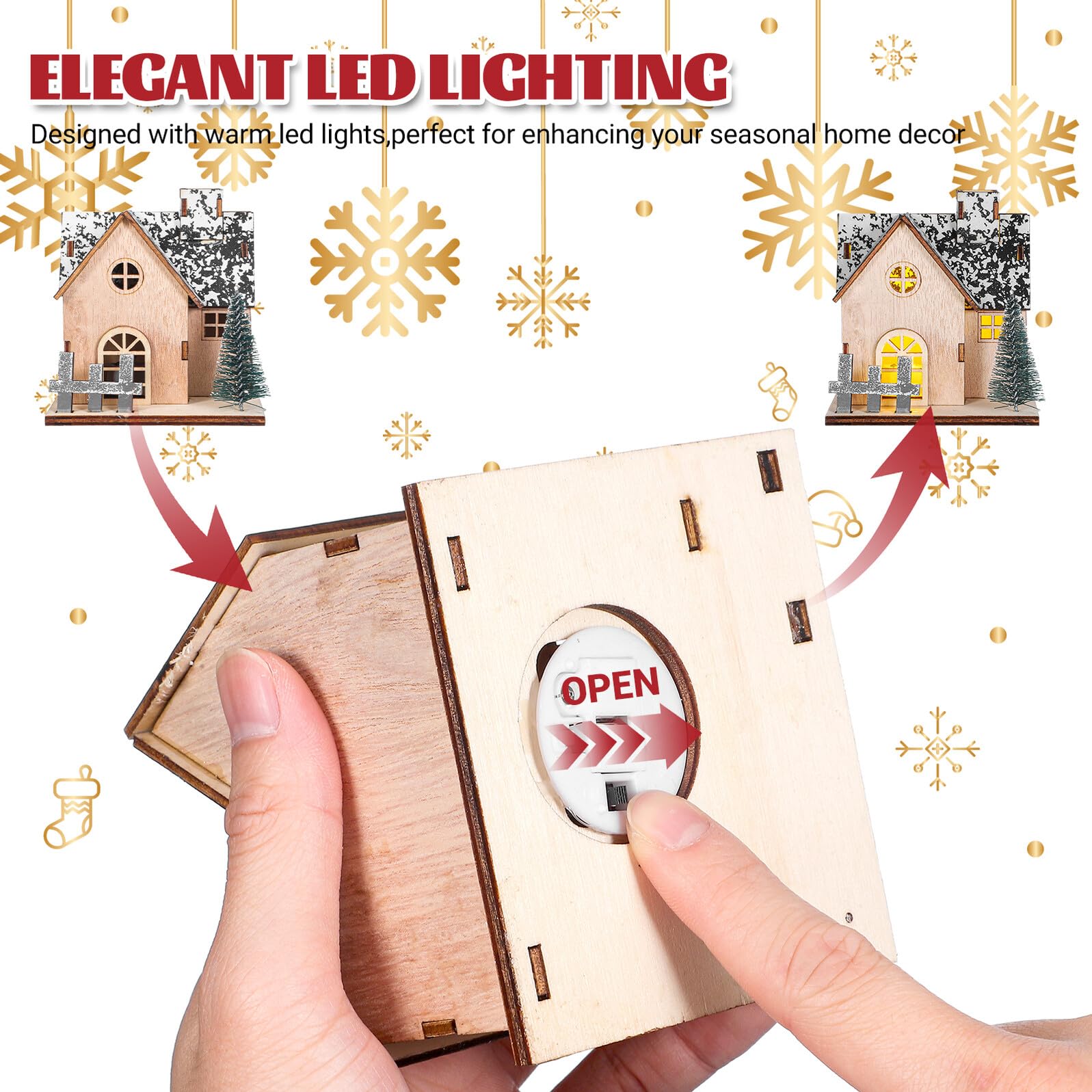HEMOTON 3pezzi Casetta di Legno Natalizia Illuminata LED Mini Case di Natale in Legno Villaggio di Case di Natale Luci per Decorazioni Invernali